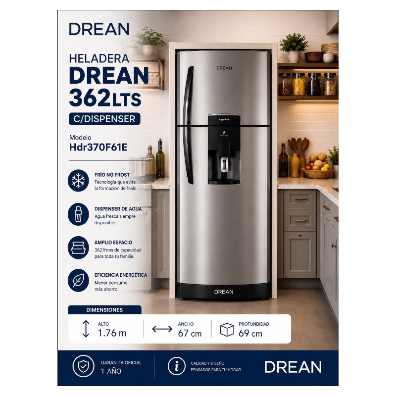 Heladera Drean con Freezer y Dispenser de Agua