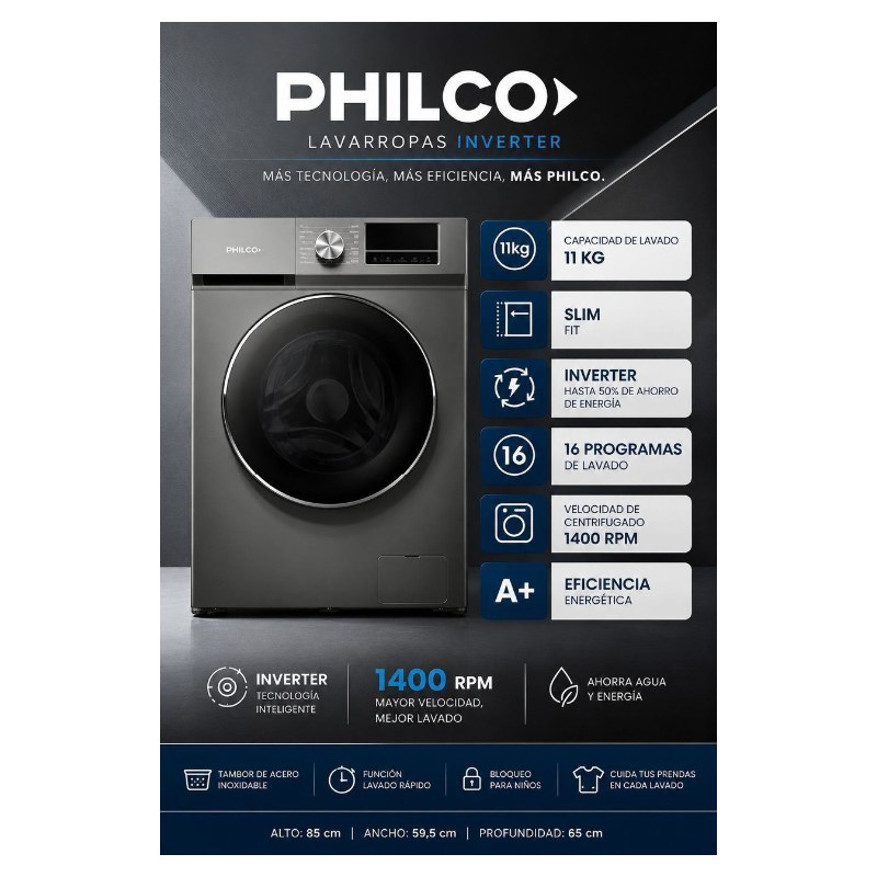 Lavarropas Philco 11 kg Carga Frontal Inverter
